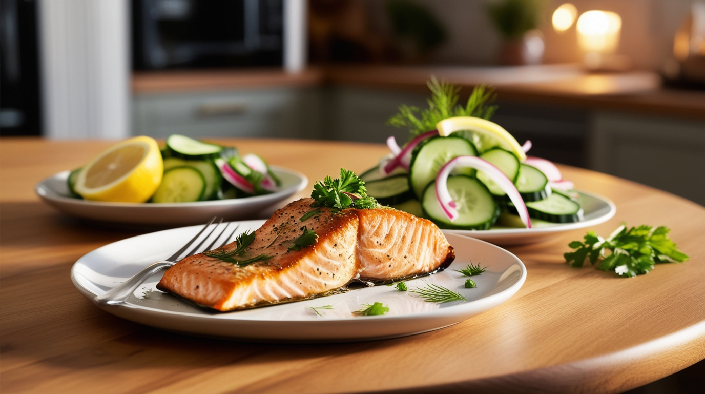Low-Calorie Air Fryer Salmon Dinner with Refreshing Cucumber Salad