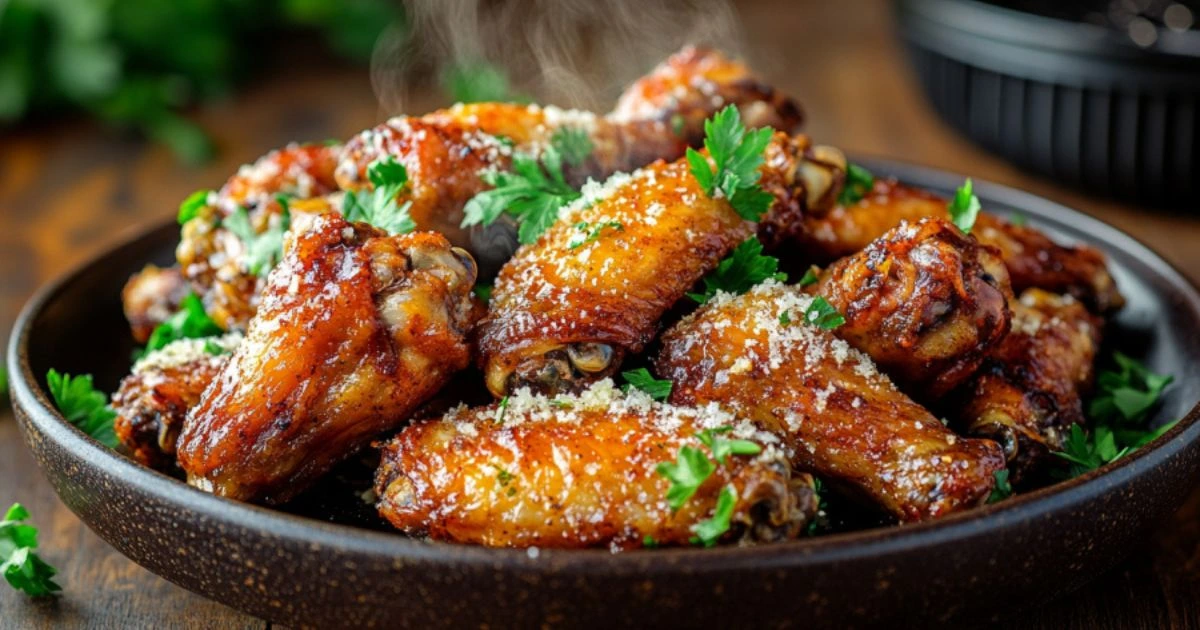 Crispy Air Fryer Garlic Parmesan Wings No Oil with golden crust and fresh parsley garnish.