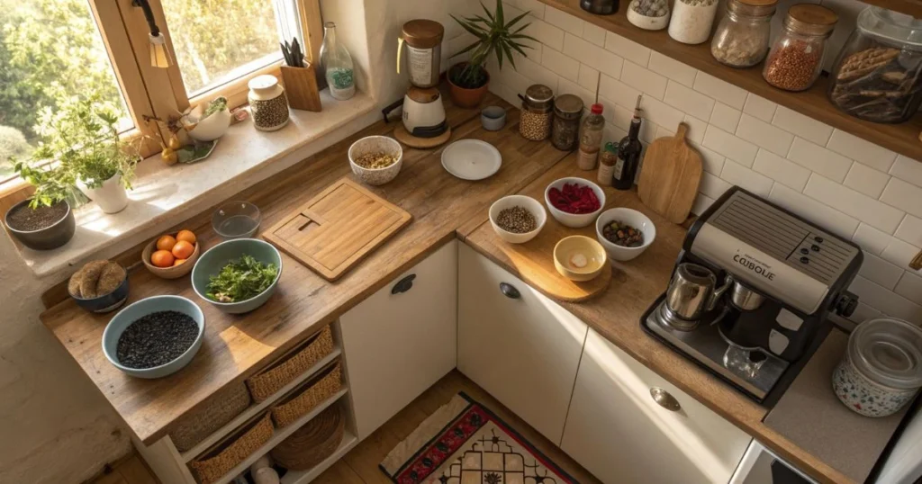 Messy kitchen cabinet filled with spices and oils, showing poor kitchen zones organization