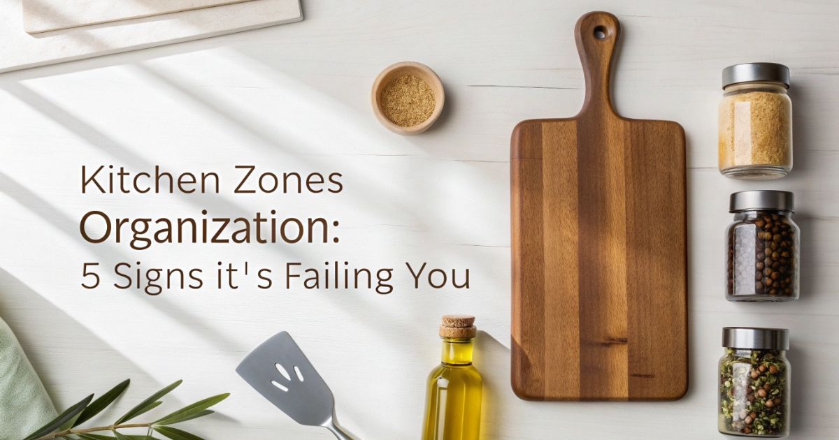 Flat lay of kitchen essentials with text overlay “Kitchen Zones Organization: 5 Signs It’s Failing You